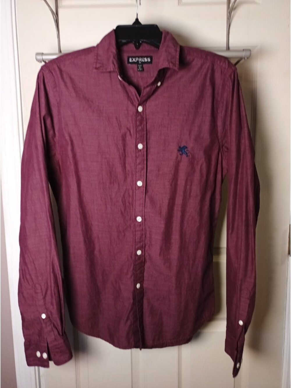 Express Mens Small Button Down Shirt Maroon Burgundy Embroidered Lion